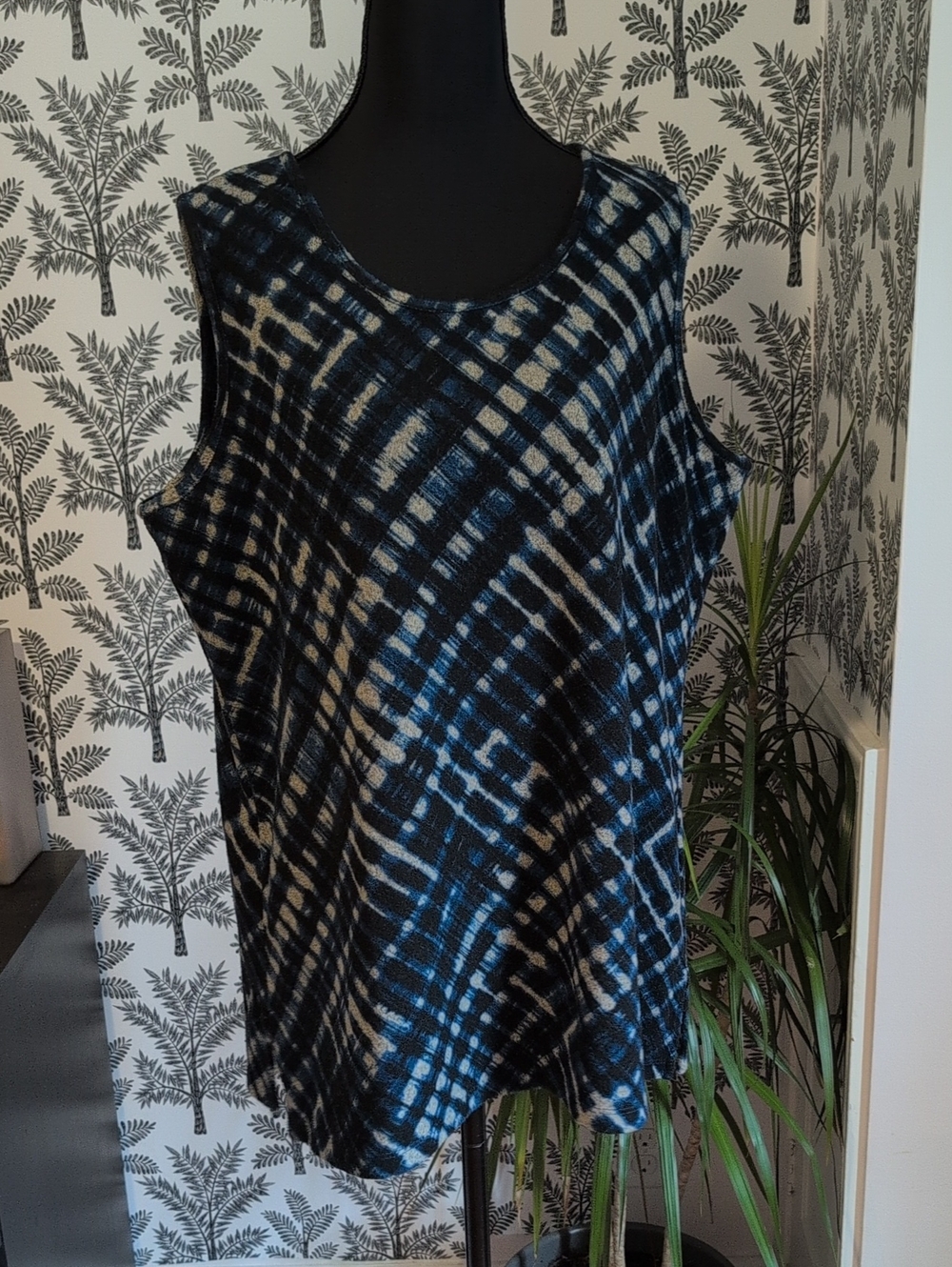 Susan Graver Blue and Grey Cross-plaid Sleeveless Sweater Tank